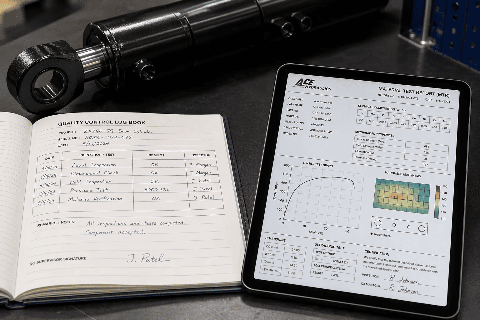 Hydraulic cylinder material test reports and digital traceability